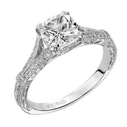 Artcarved Vintage 1/7 ct. tw. Diamond Semi-Mount Engagement Ring with Milgrain Detailed Band in 14K White close-up detail