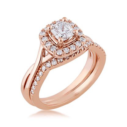 Noventa 1-1/5 ct. tw. Cushion Cut Diamond Center Wedding Set with Round Brilliant Halo & Band in 14K Pink Gold front view