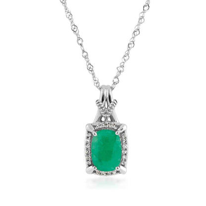 Cushion Emerald and Diamond Halo Pendant in 10K White Gold
