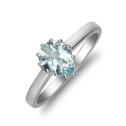 Pear Aquamarine Solitaire Ring in 10K White Gold front view