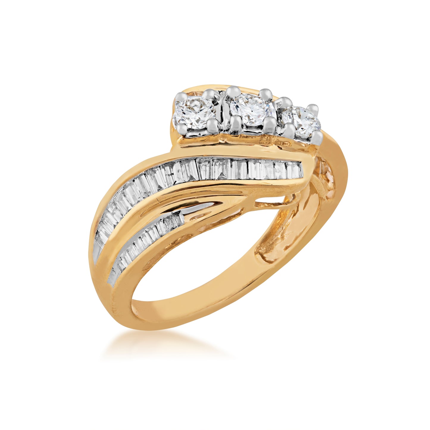 1 ct. tw. Three Stone Prong-Set Fashion Diamond Ring with Side Channel Baguette Diamonds in 10K Yellow Gold front view