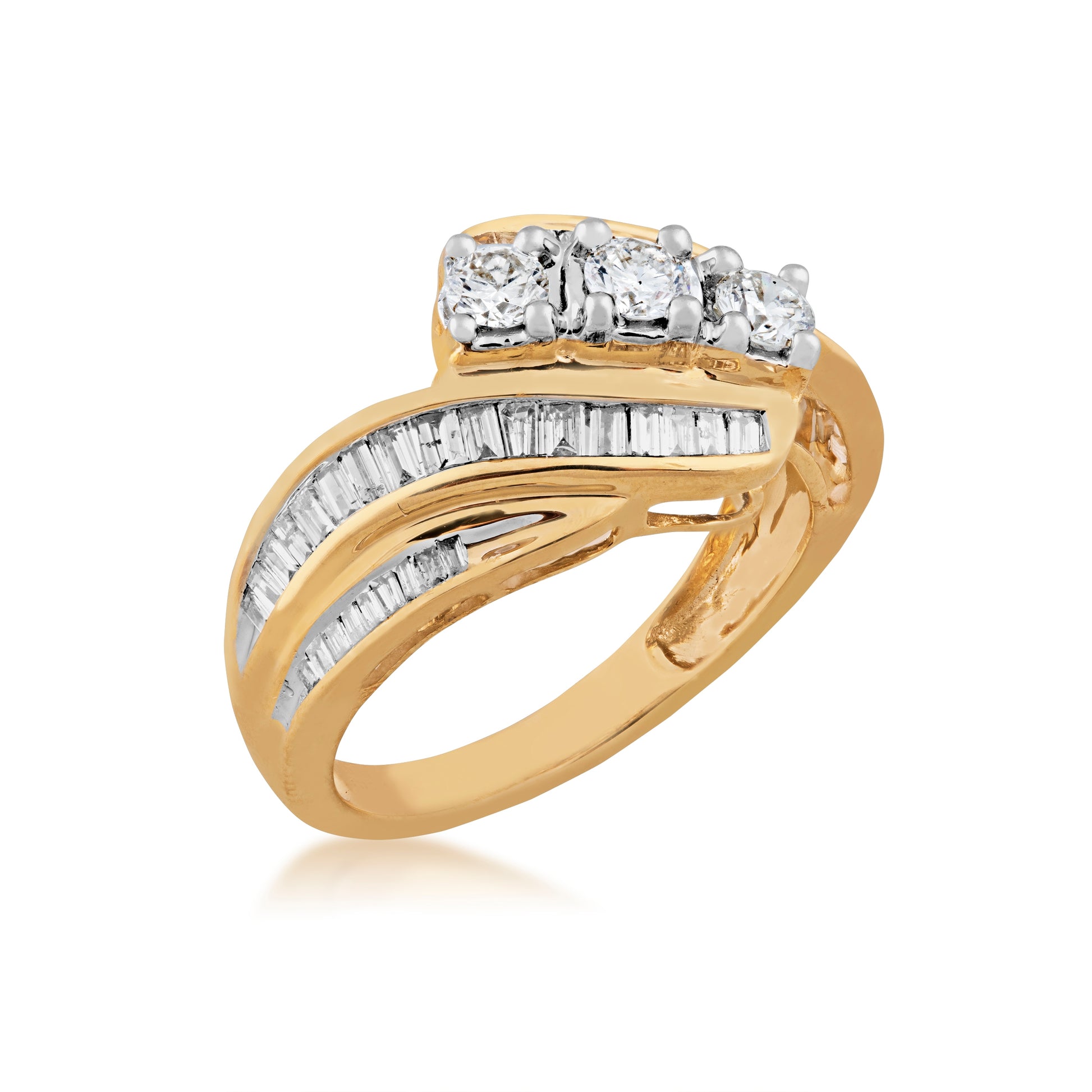 1 ct. tw. Three Stone Prong-Set Fashion Diamond Ring with Side Channel Baguette Diamonds in 10K Yellow Gold front view