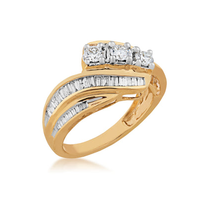 1 ct. tw. Three Stone Prong-Set Fashion Diamond Ring with Side Channel Baguette Diamonds in 10K Yellow Gold front view