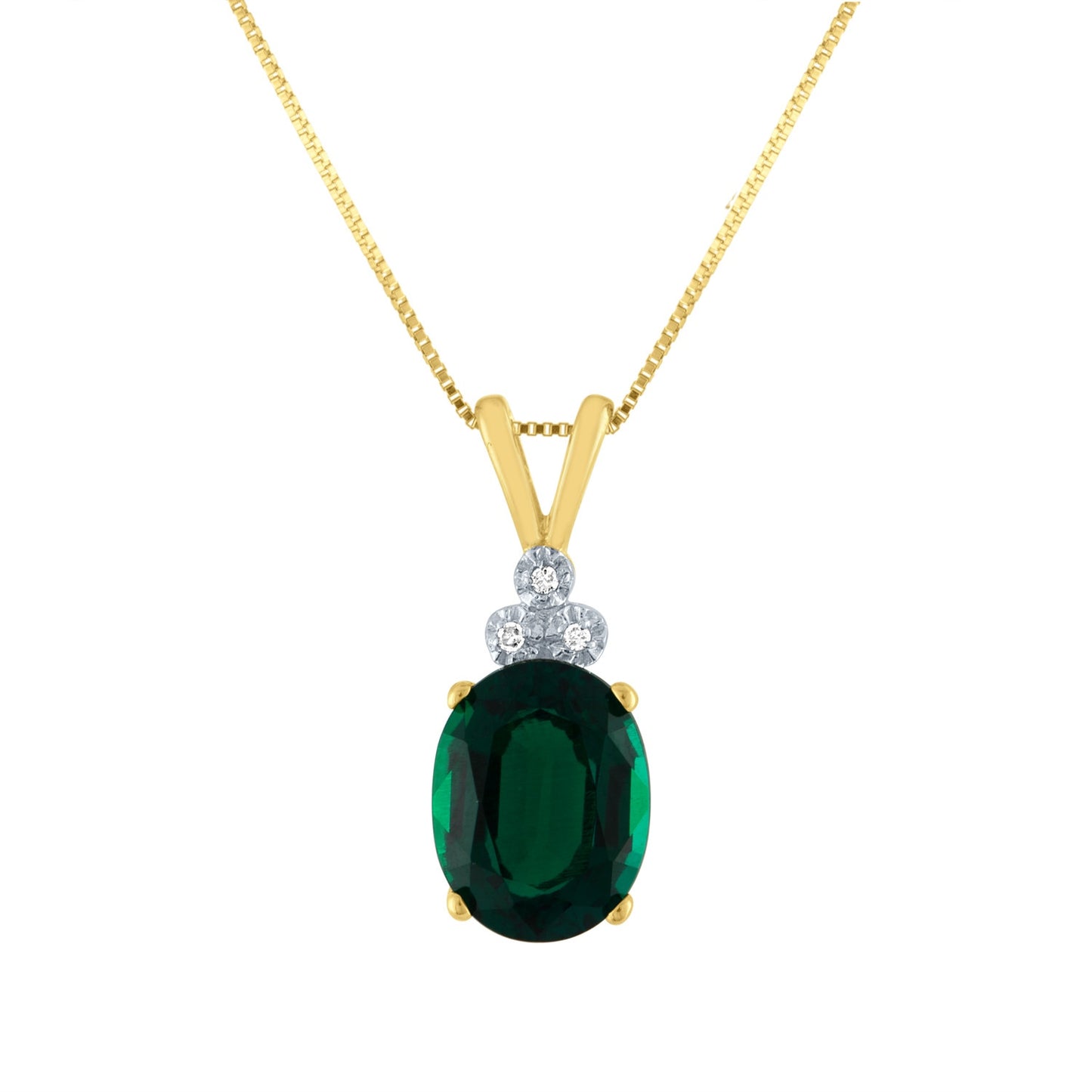 Created Oval Emerald and .009 ct. tw. Miracle Plated Diamond Pendant in 10K Yellow Gold