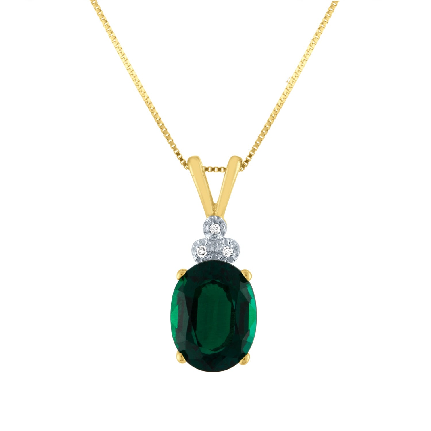 Created Oval Emerald and .009 ct. tw. Miracle Plated Diamond Pendant in 10K Yellow Gold