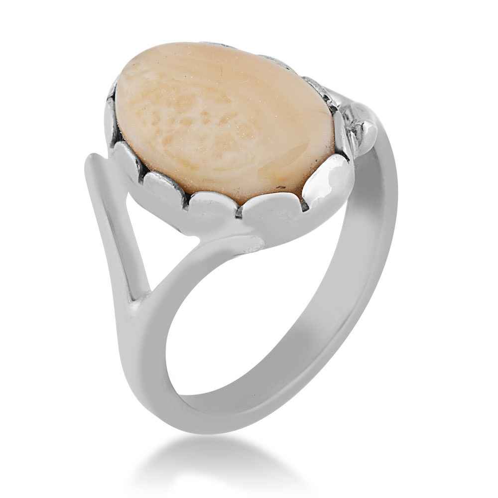 Ladies' Elk Ivory Cabochon Cut Ring with Split Shank Band in Sterling Silver close-up detail