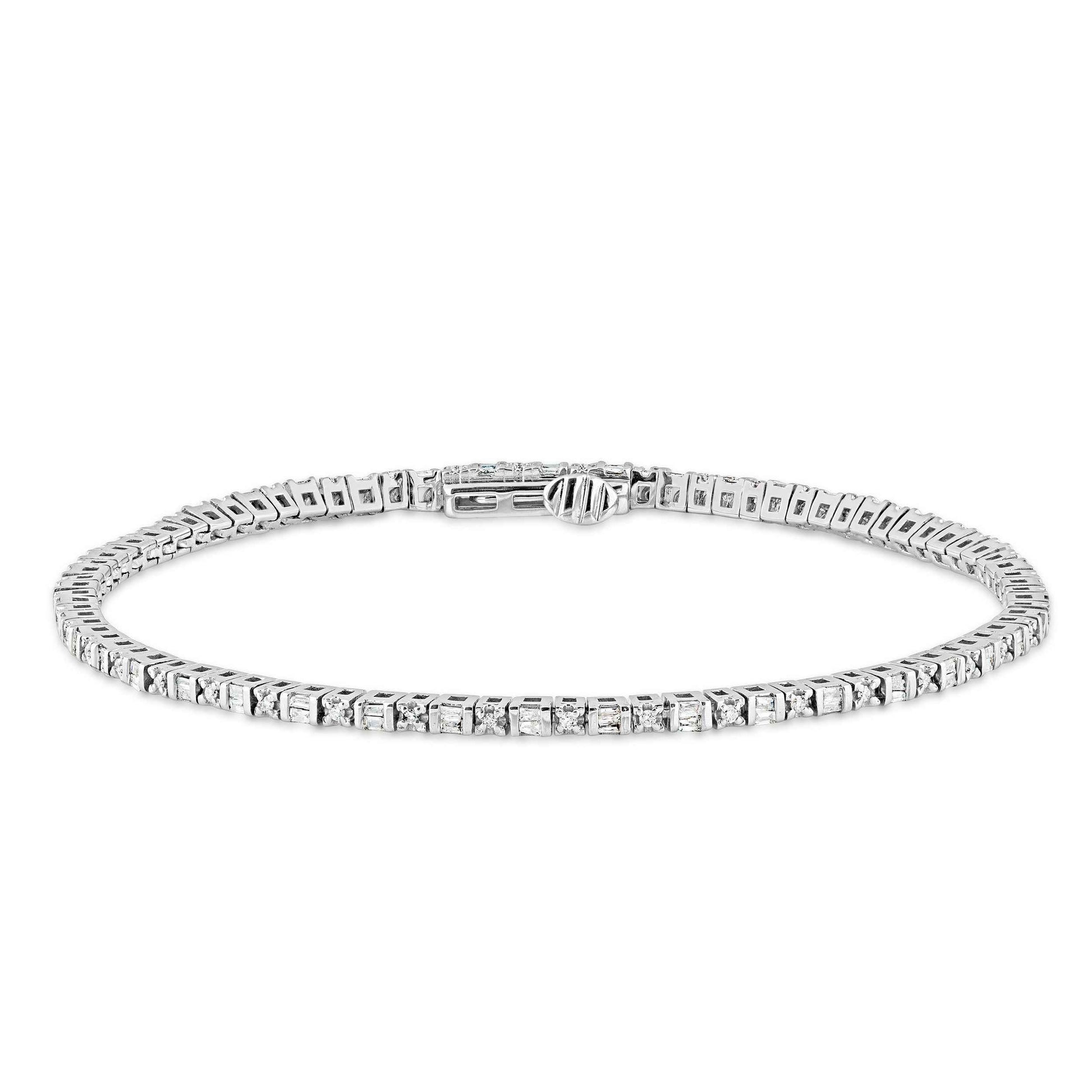 1/2 ct. tw. Round & Straight Stacked Baguette Diamond Fashion Tennis Bracelet in 10K White Gold