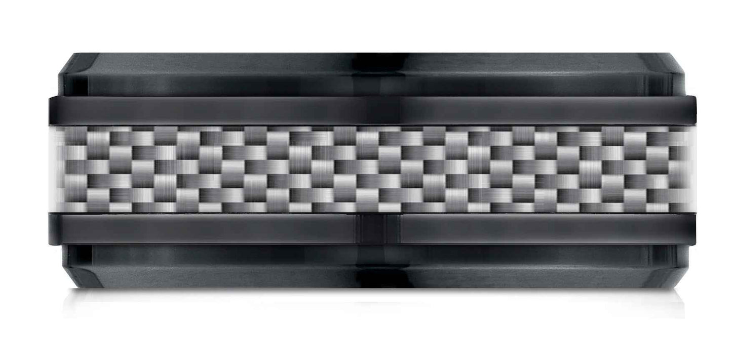 BENCHMARK Mens 9MM Black Titanium with Carbon Fiber Inlay Wedding Band