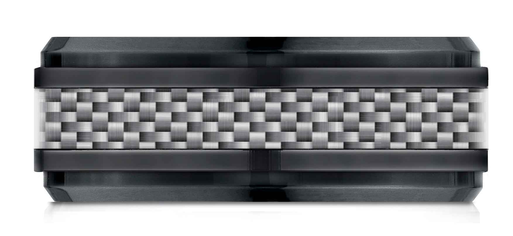 BENCHMARK Mens 9MM Black Titanium with Carbon Fiber Inlay Wedding Band