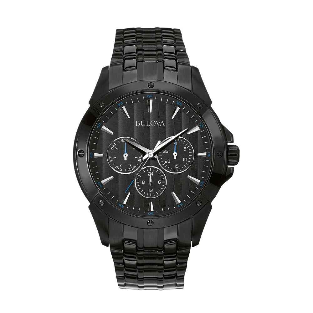 Bulova Classic Collection Men's Patterned Black Dial Watch with Multi-Function Design in Black Stainless Steel
