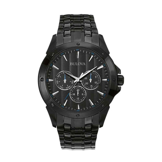 Bulova Classic Collection Men's Patterned Black Dial Watch with Multi-Function Design in Black Stainless Steel