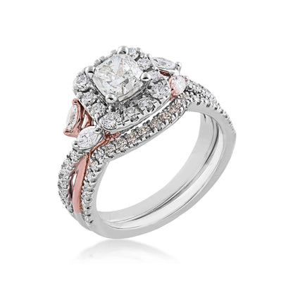 Noventa 2 ct. tw. Cushion Cut Center Wedding Set with Round Brilliant Halo & Marquise Accented Band in 14K White front view
