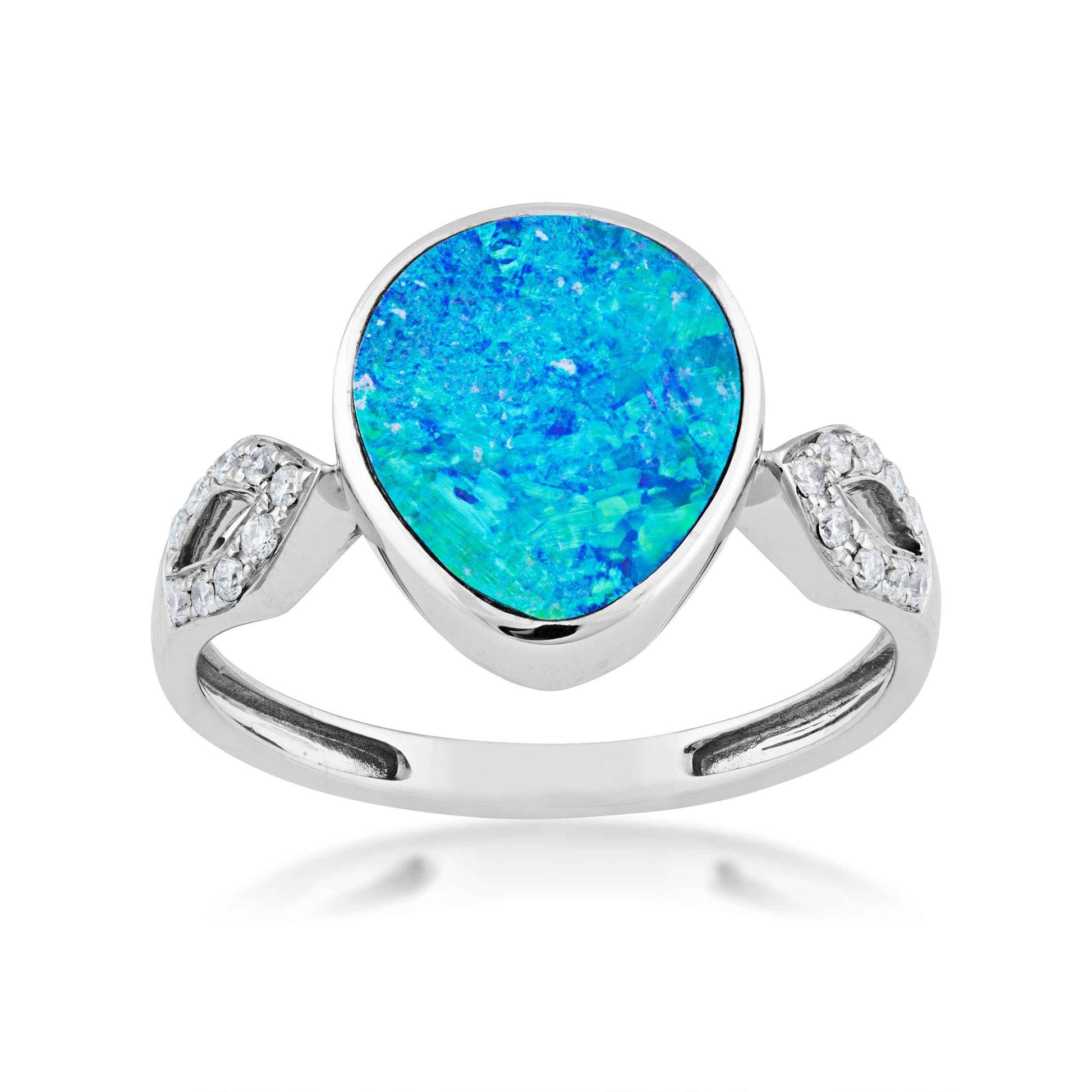 Blue Teardrop Opal and 1/10 ct. tw. Diamond Fashion Ring with Teardrop Design Band in 10K White Gold