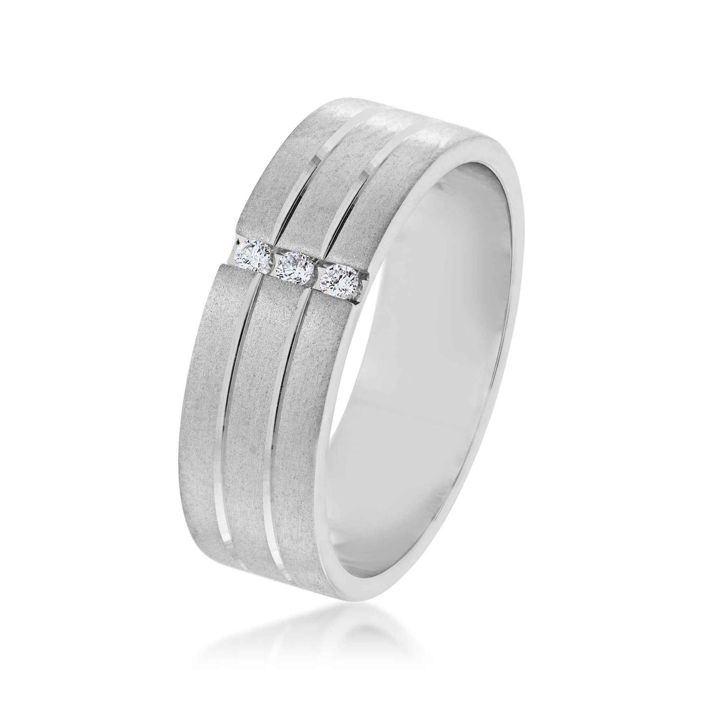 Men's .06 ct. tw. Round Stacked 3-Stone Diamond Wedding Band with Double Engraved Details in Brushed 14K White Gold
