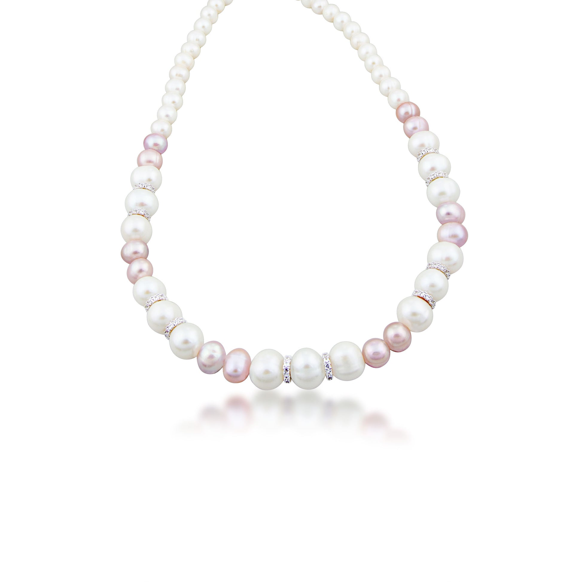 7-10.5mm Pink and White Freshwater Cultured Pearl 18-inch Strand with Created White Sapphire Rondelle Accents in Sterling