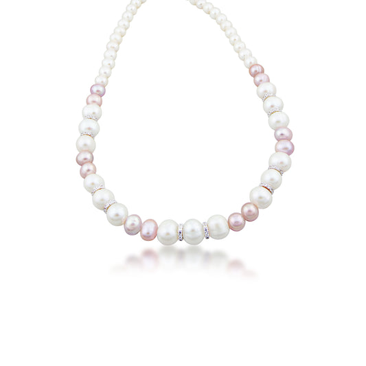 7-10.5mm Pink and White Freshwater Cultured Pearl 18-inch Strand with Created White Sapphire Rondelle Accents in Sterling