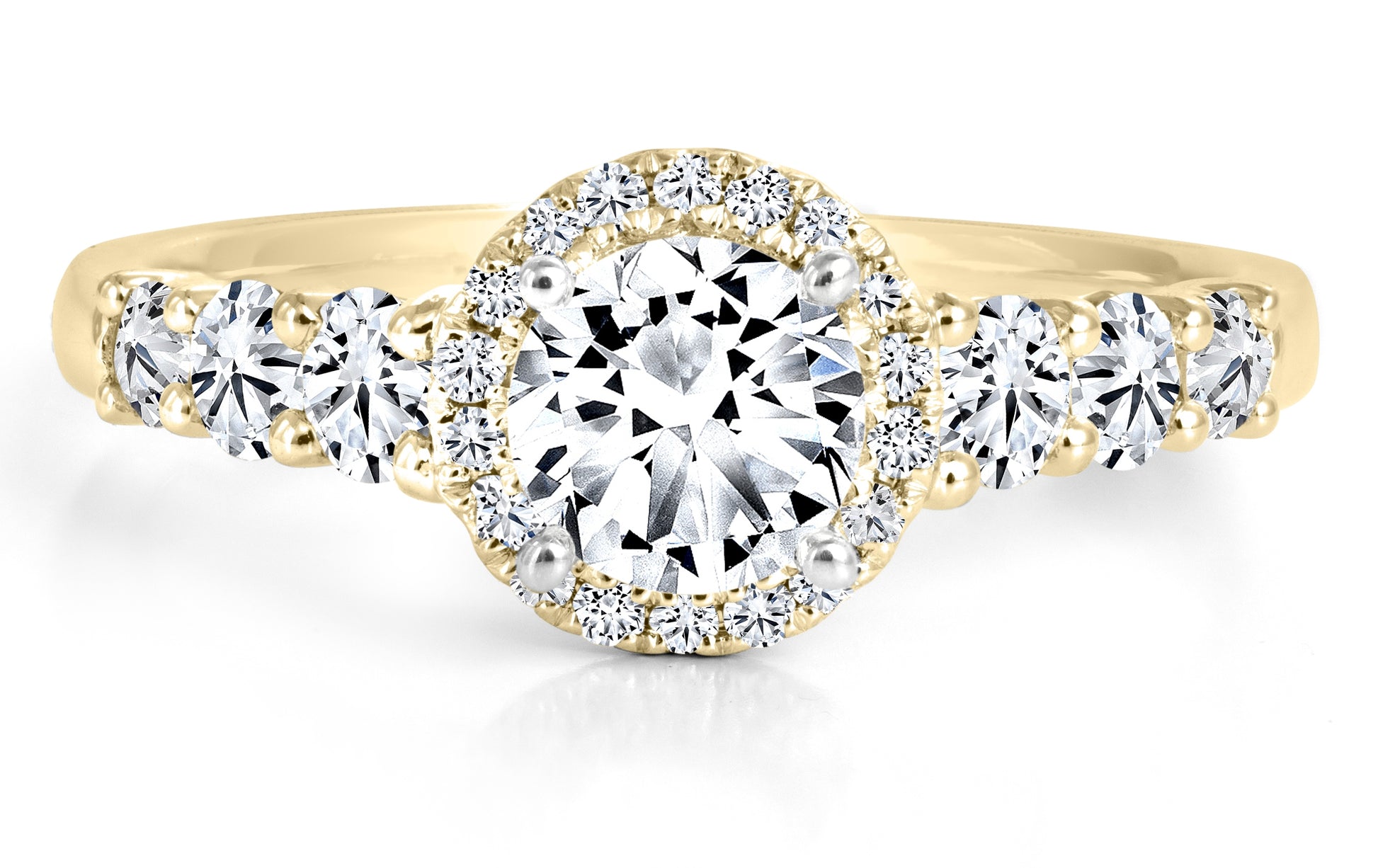 Forevermark Black Label 1 ct. tw Round Diamond with Halo Engagement Ring with Six Round Diamond Accent Stones in 18K Yellow