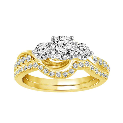 1-1/8 ct. tw. Round Brilliant 3-Stone Diamond Wedding Set with Contoured Diamond Band in 10K Yellow Gold