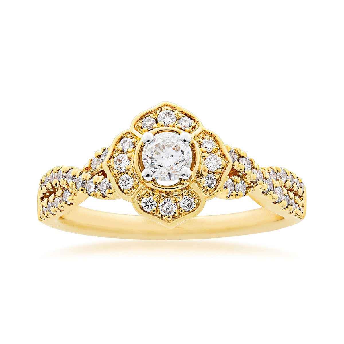 Elegance 5/8 ct. tw. Round Brilliant Engagement Ring with Floral-Inspired Halo & Infinity Band in 14K Yellow Gold