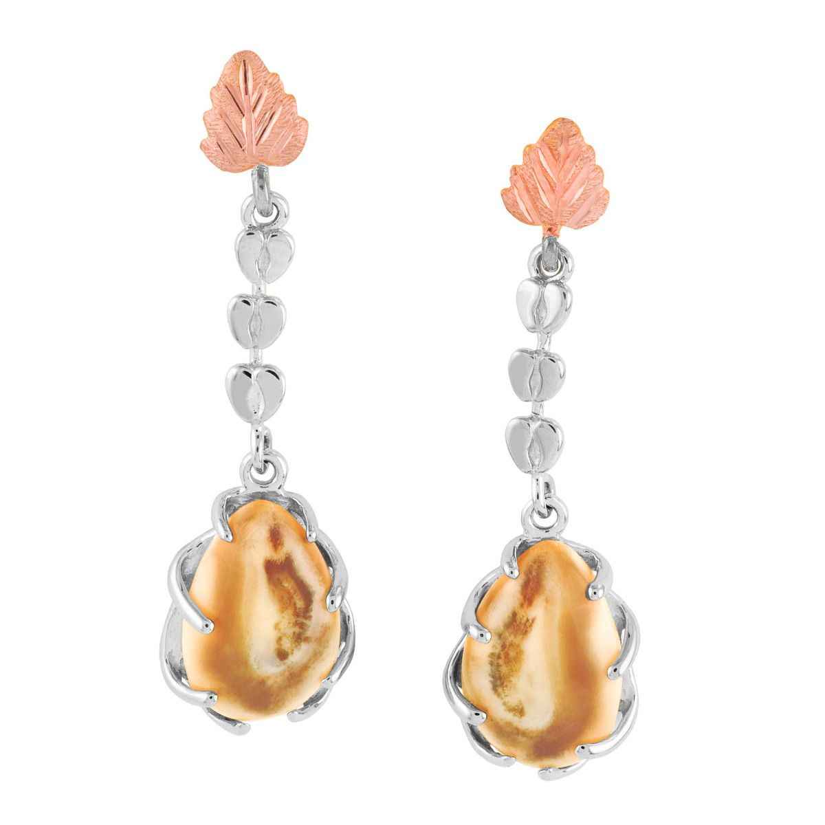 Ladies' Elk Ivory Black Hills Gold Leaf Dangle Earrings with Elk Track Accents in 10K White Gold - I30087W Morningdew