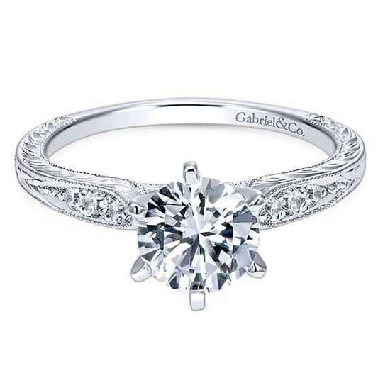 Gabriel & Co. .10 ct. Vintage Style Semi-Mount Engagement Ring with Side Carved Design and Milgrain Detailing in 14K White