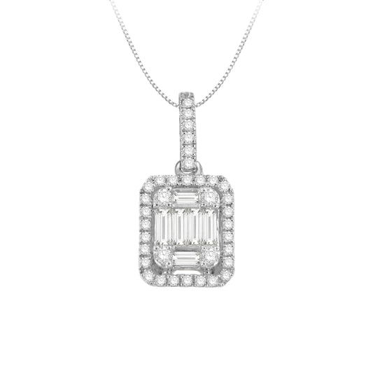 1/4 ct. tw. Straight Baguette Diamond Fashion Pendant with Round Diamond Halo in 10K White Gold