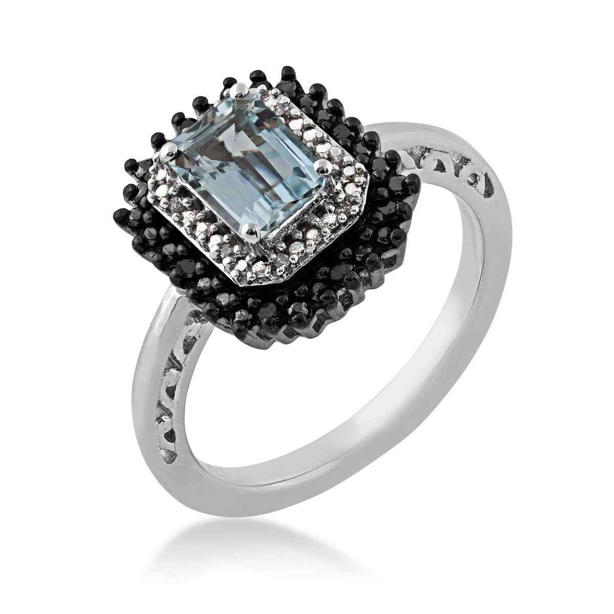 Created Emerald Cut Aquamarine and Treated Black Diamond Halo Ring In Sterling Silver front view