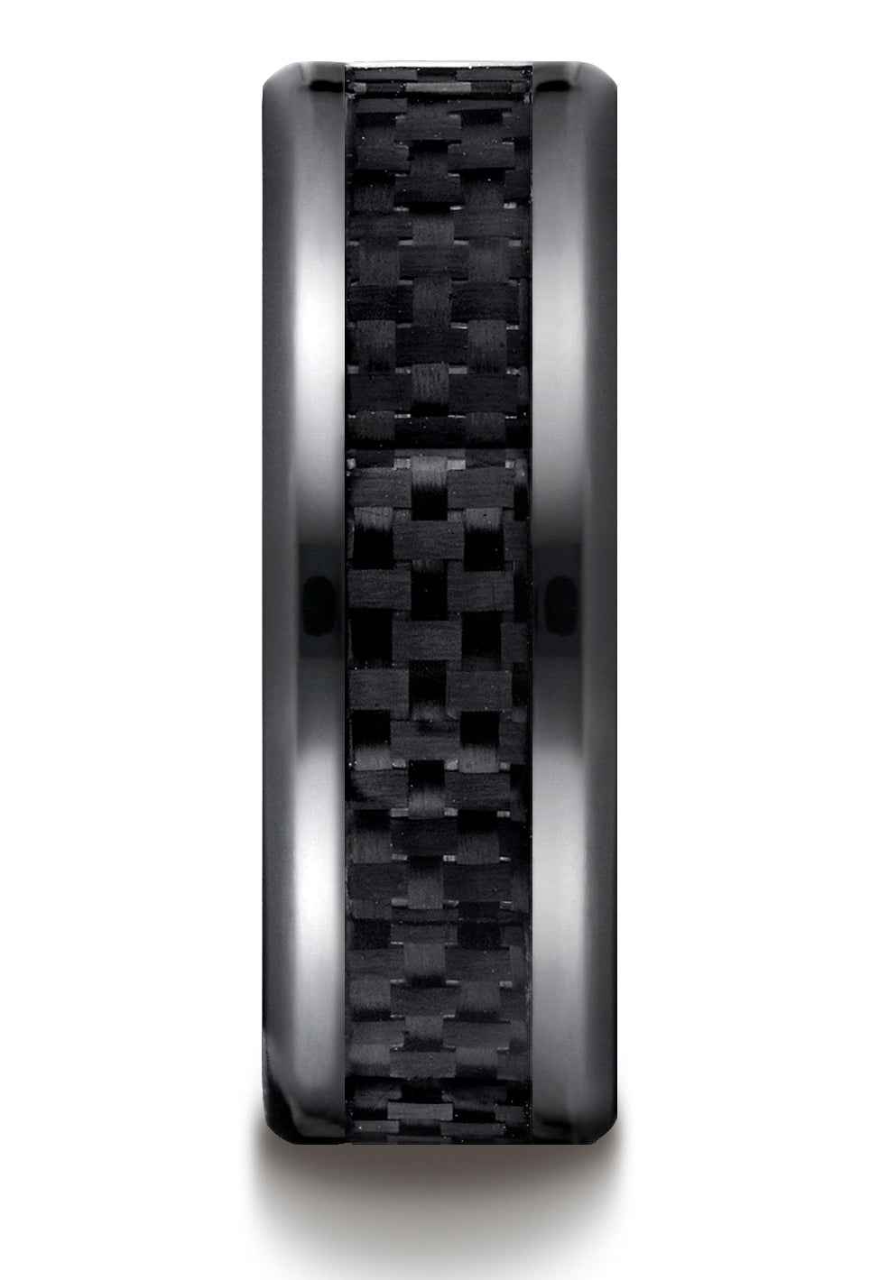 BENCHMARK Mens 8MM Black Titanium with Carbon Fiber Inlay Wedding Band front view