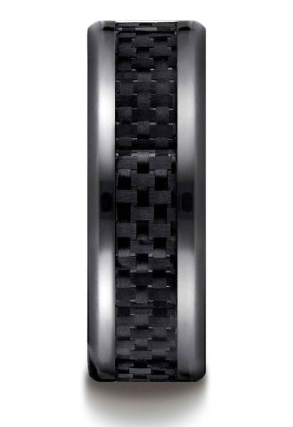 BENCHMARK Mens 8MM Black Titanium with Carbon Fiber Inlay Wedding Band front view