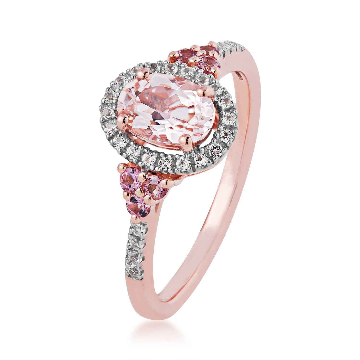Impulse Collection Genuine Oval Morganite Fashion Ring with 1/10 ct. tw. Diamond Halo & Pink Sapphire Accented front view