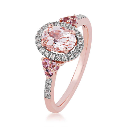 Impulse Collection Genuine Oval Morganite Fashion Ring with 1/10 ct. tw. Diamond Halo & Pink Sapphire Accented front view