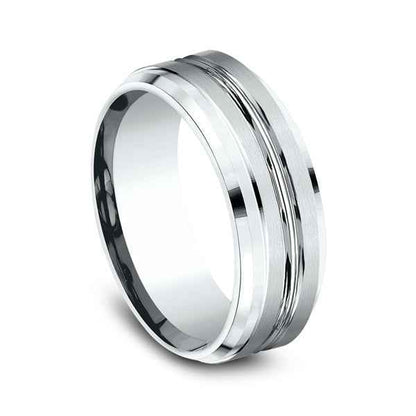 Benchmark Men's 8mm Satin Center Wedding Band in 10K White Gold front view