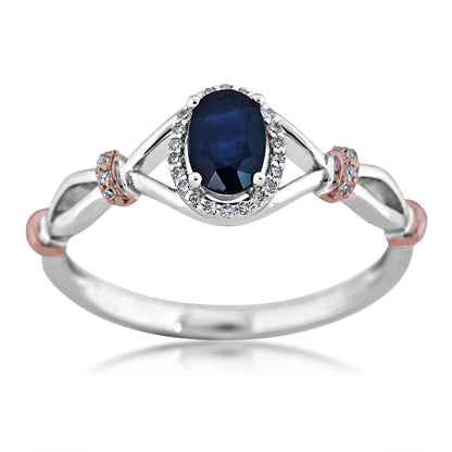 Genuine Oval Sapphire & Diamond Halo Ring in 10K Two-Tone Pink & White Gold