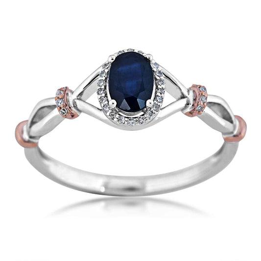 Genuine Oval Sapphire & Diamond Halo Ring in 10K Two-Tone Pink & White Gold