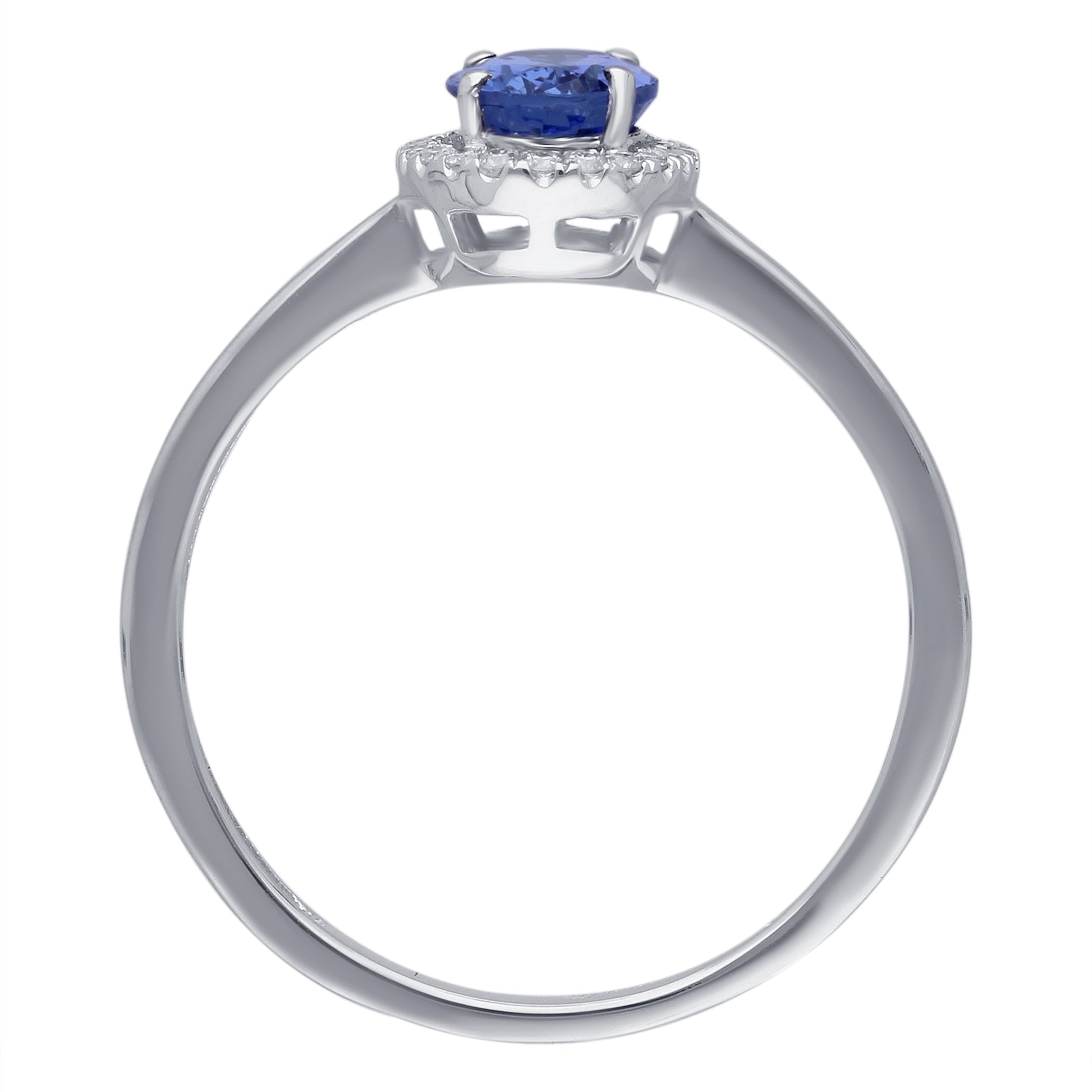 Kallati Oval Tanzanite & Diamond Halo Ring in 14K White Gold close-up detail