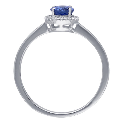 Kallati Oval Tanzanite & Diamond Halo Ring in 14K White Gold close-up detail