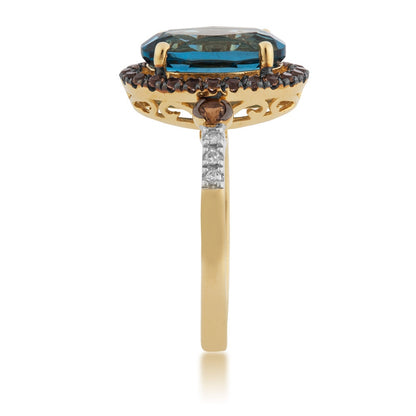 Oval London Blue Topaz & Smokey Quartz Halo & Diamond Accent Ring in 10K Yellow Gold side profile