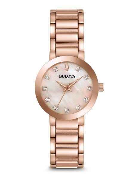 Bulova Modern Collection Ladies' Rose-Gold Mother-of-Pearl Dial Watch with 11 Diamond Accent in Pink Gold-Tone Stainles Steel