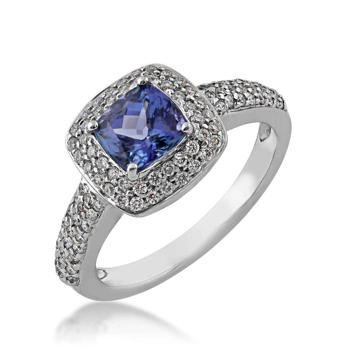 Cushion Tanzanite and 3/8 ct. tw. Diamond Halo Ring in 14K White Gold front view