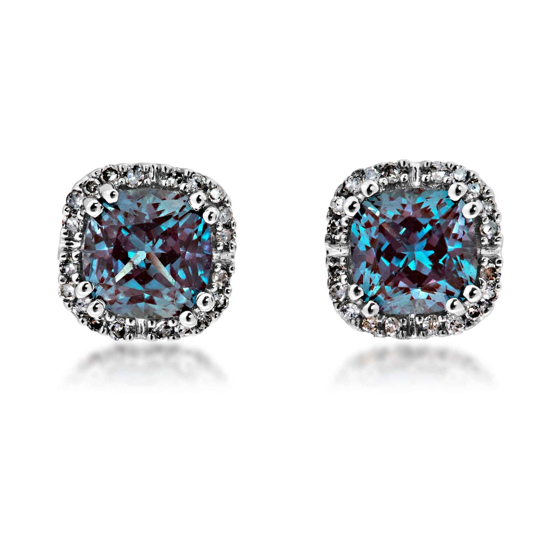 Created Cushion Cut Alexandrite & 1/10 ct. tw. Diamond Halo Earrings in 10K White Gold