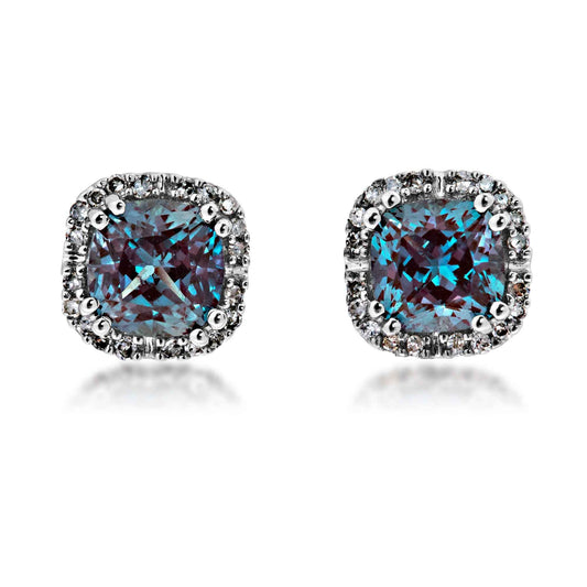 Created Cushion Cut Alexandrite & 1/10 ct. tw. Diamond Halo Earrings in 10K White Gold
