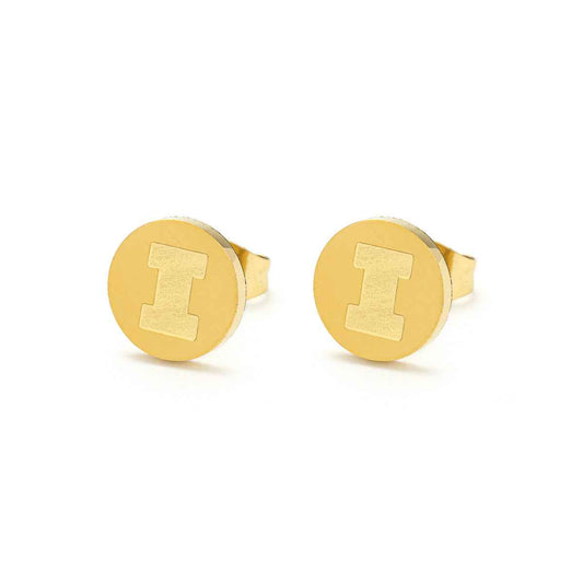Collegiate Collection Illinois Button Earrings in Gold-Tone Ion Plated Stainless Steel