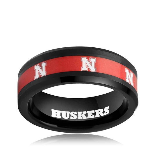 Collegiate Collection Men's 8mm Nebraska Huskers Ring in Black Tungsten