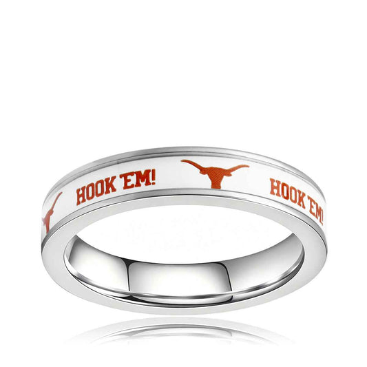 Collegiate Collection 4.5mm White University of Texas Hook Em Ring in Stainless Steel