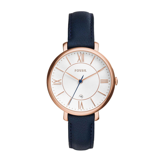 Fossil Ladies' Jacqueline Quartz Rose Gold-Tone Watch with White Dial & Navy Leather Strap