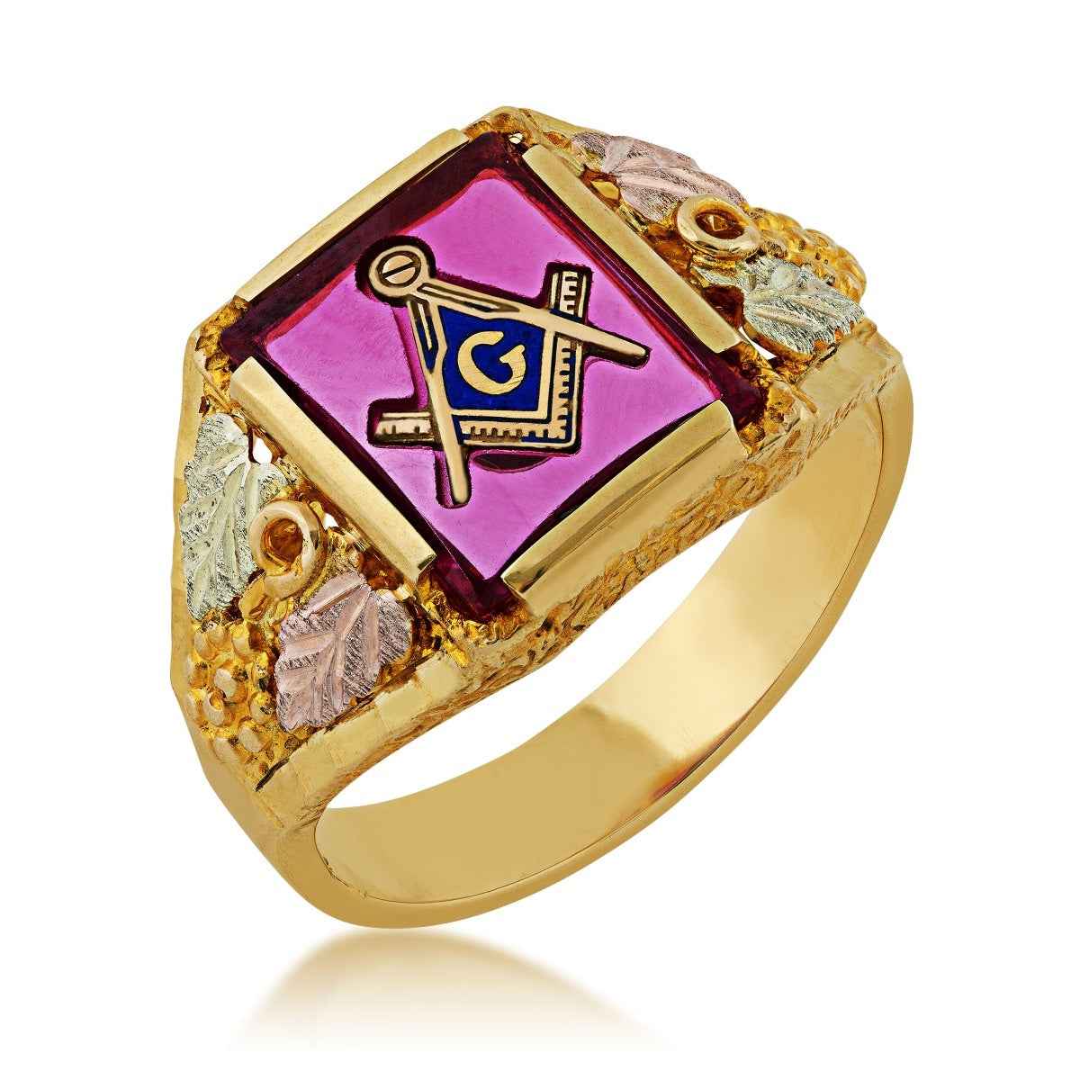 Black Hills Gold Synthetic Ruby Masonic Ring front view