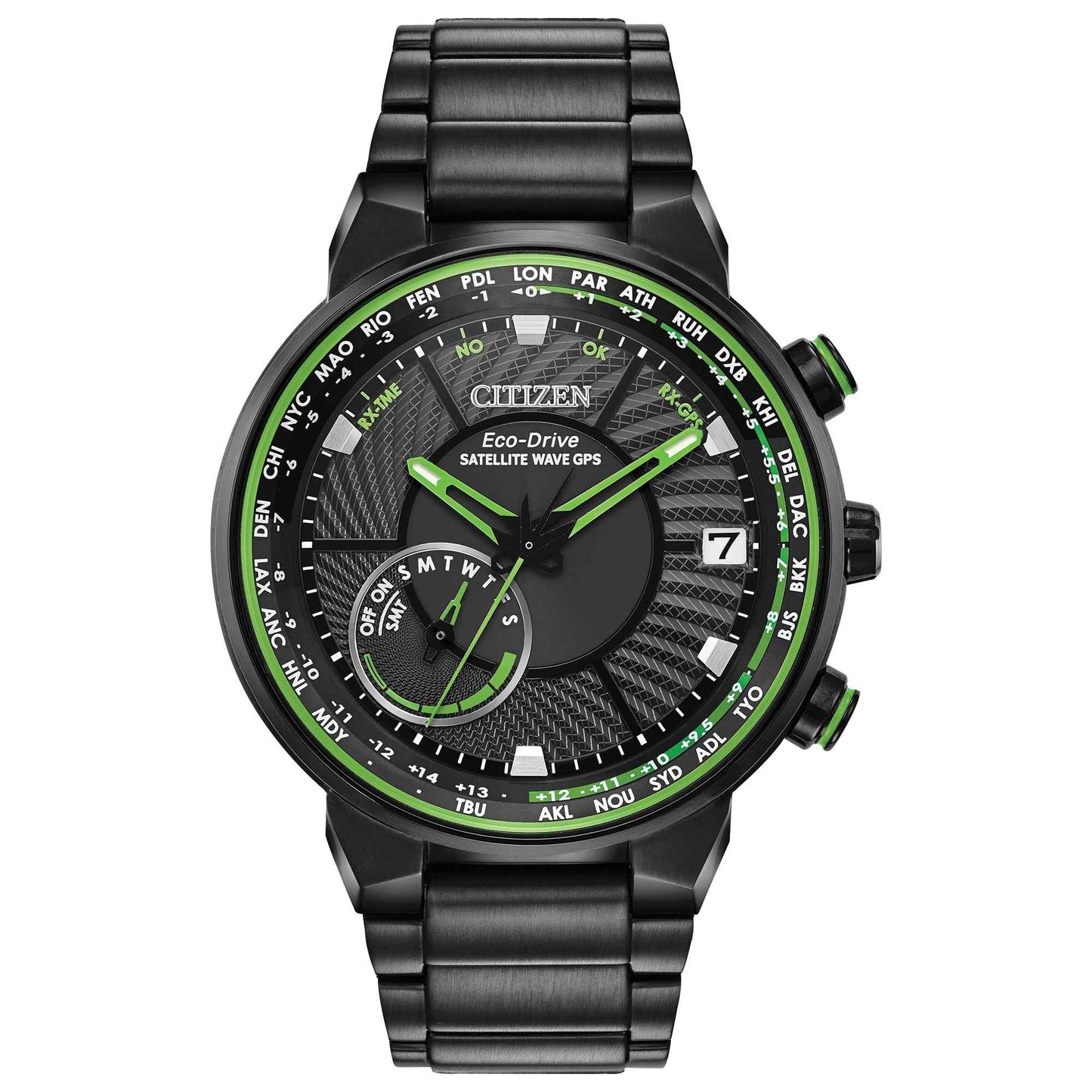 Citizen Men's Satellite Wave Gps Freedom Stainless Steel Watch with Black Dial and Green Accents