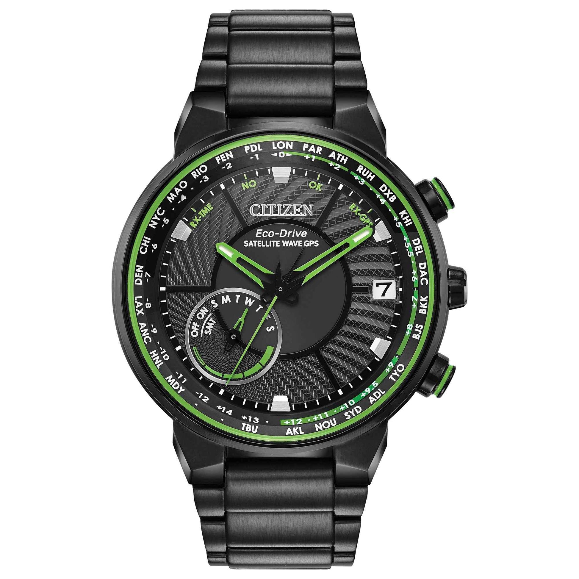 Citizen Men's Satellite Wave Gps Freedom Stainless Steel Watch with Black Dial and Green Accents