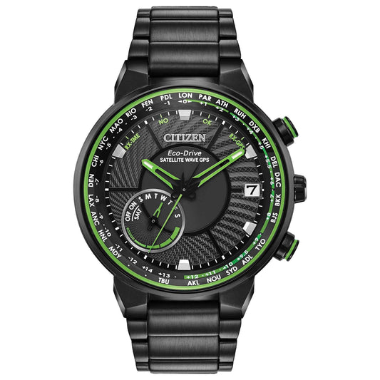 Citizen Men's Satellite Wave Gps Freedom Stainless Steel Watch with Black Dial and Green Accents