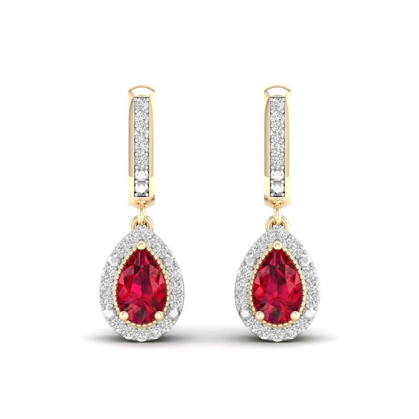 Red Pear-Shaped Ruby and 1/10 ct. tw. Diamond Halo Earrings with Milgrain and Filigree Design in 10K Yellow close-up detail